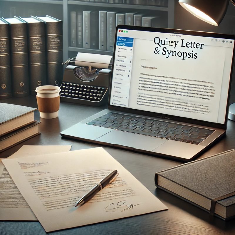 A polished query letter and synopsis laid out on a desk, with a laptop showing an email draft for a literary agent.