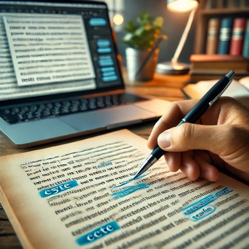 A close-up of a manuscript with blue ink corrections, a pen in hand, and a laptop displaying editing tools.