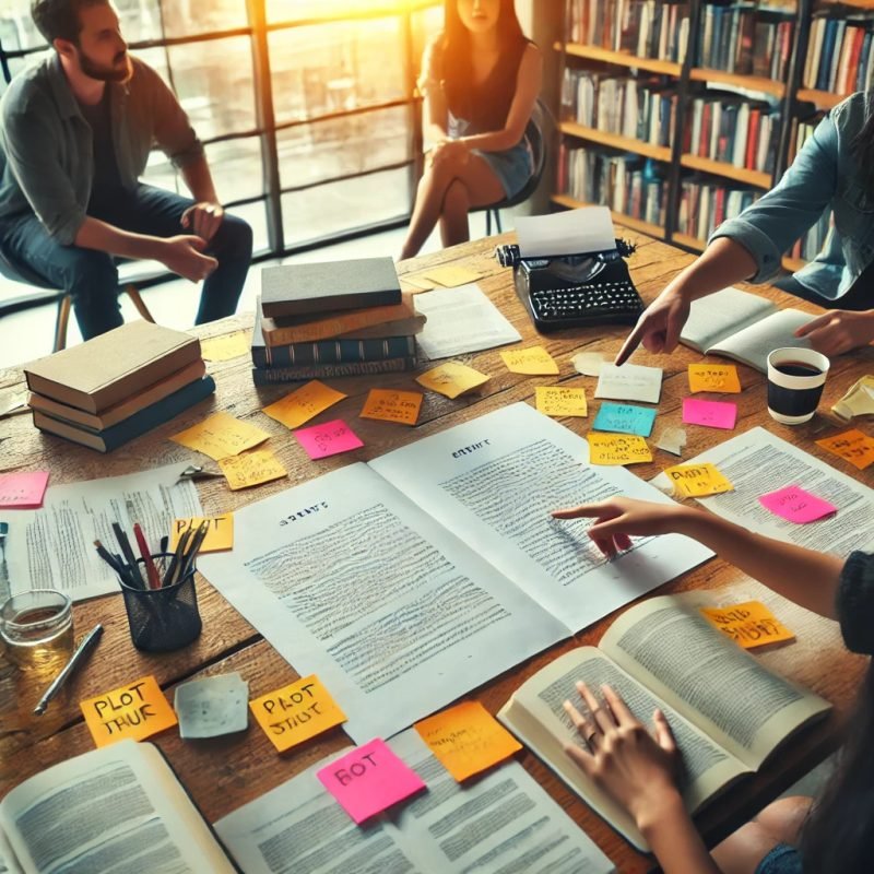 A large table with manuscript drafts, colorful sticky notes, and two people pointing to notes while brainstorming ideas.