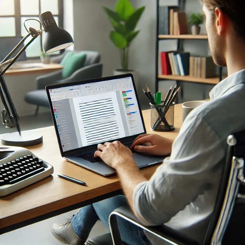A person sitting at a modern desk typing on a laptop, with tracked changes visible on the screen.