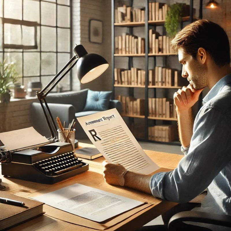 A person reading a manuscript in a quiet office with an assessment report and bookshelves in the background.